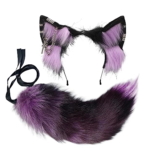 VIGVAN Wolf Ear Tail Fox Wolf Cosplay Costumes Fluffy Wolf Tail for Halloween - Black Purple Ear Tail1