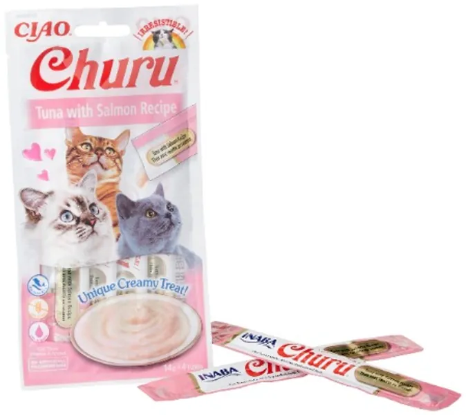 Inaba Churu lick-able puree treat for cats Tuna & Salmon Pack of 4 x 14g Tubes, pink