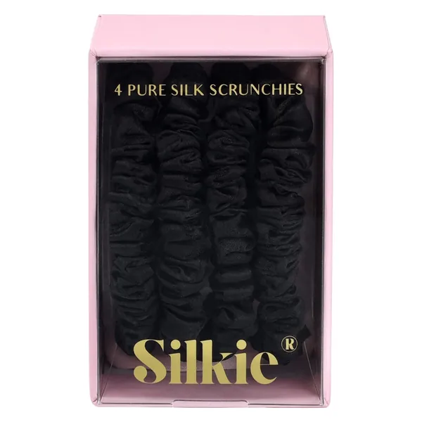 SILKIE x4 Set 100% Pure Mulberry Silk Black Skinny Scrunchies Travel Pouch Everyday Hair Ties Elastics Hair Care Ponytail Holder No Damage (Noir)