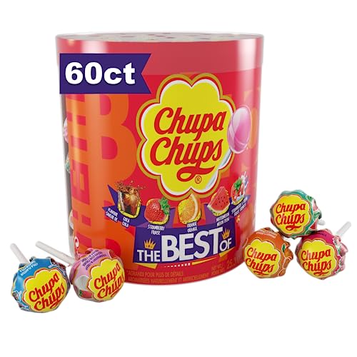 Chupa Chups Candy Lollipops, 5 Assorted Flavors, 60 Count Drum