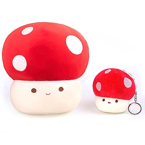 Mushroom Plush Pillow with Mushroom Keychain (Red, 9 inch) 