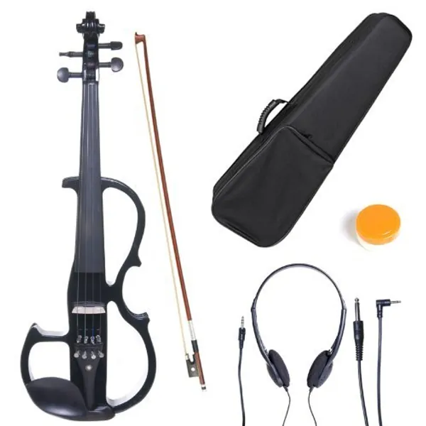 Cecilio Silent Electric Solid Wood Violin with Ebony Fittings, Electric Violin Kit in Various Colors and Styles (Cut Out - Black) - 