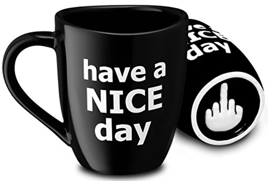 Decodyne Have a Nice Day Funny Coffee Mug, Funny White Elephant Gifts for Adults, Gag Gifts for Women and Men with Middle Finger on the Bottom - 14 oz. (Black) - Black