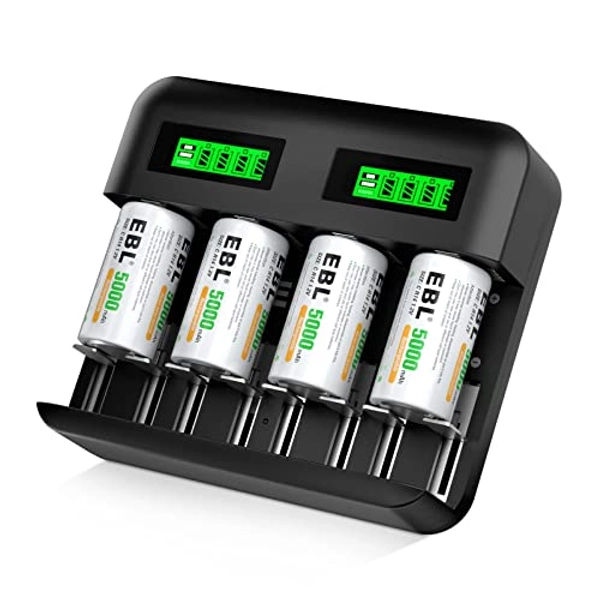 EBL Rechargeable C Batteries (4 Pack) and LCD Rechargeable Battery Charger for Ni-MH AA AAA C D Rechargeable Batteries - Battery Charger+ 4 Pack C