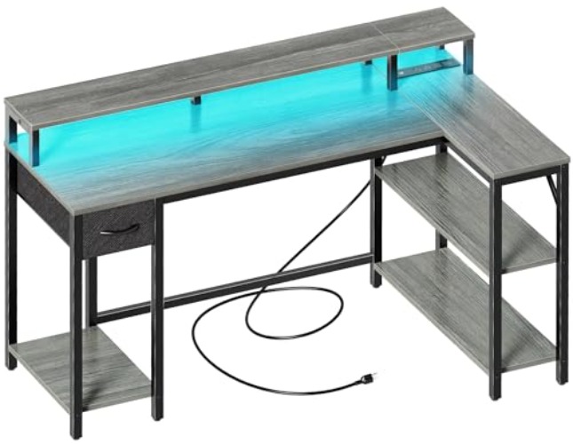 SUPERJARE 53 Inch L Shaped Desk with LED Lights & Power Outlets, Reversible Computer Desk with Shelves & Drawer, Corner Desk Home Office Desk, Grey - Grey - 53 inch