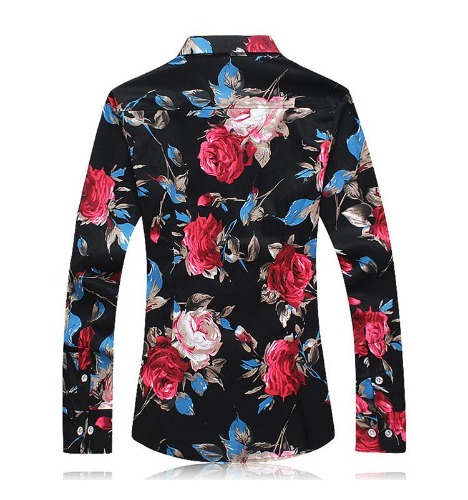 Mens Red Floral Long Sleeve Shirt - L / BLACK