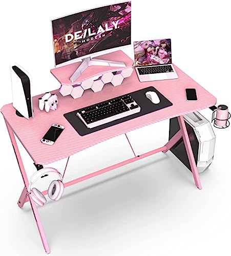 DEILALY Gaming Desk 45 Inch Computer Table Gamer Desk with Monitor Shelf Escritorios Mesa Office Home Study Desk Work Station PC Table Carbon Steel Leg with Headphone Holder Apartment Corner Desk Pink - Pink - W45*D23.6*H29.5 INCH