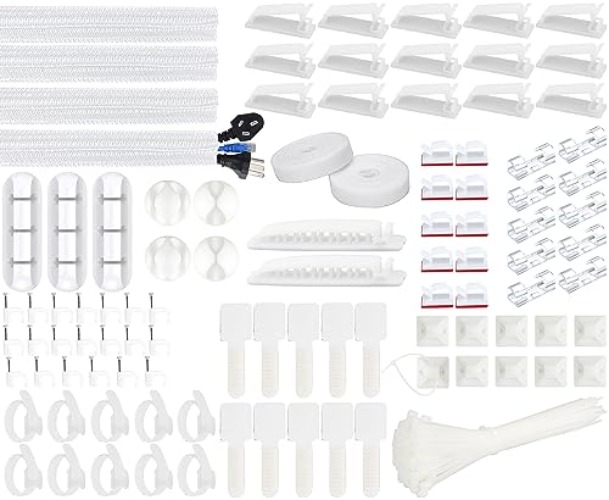 SOULWIT 200 Pcs Cable Management Kit,4 Cable Sleeves,37 Cable Clips,7 Cable Holders,10 Zip Tie Mounts,20 Cable Clip Nails,100 Cable Fastening Ties,20+2 Roll Cable Straps for TV PC Computer Under Desk - White