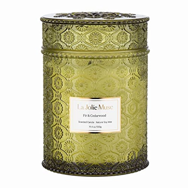 LA JOLIE MUSE Fir & Cedarwood Scented Candle, 19.4 Oz Large Winter Holiday Gift Candle, Wood Wicked Candle for Home Scented, Long Burning Glass Jar Candle