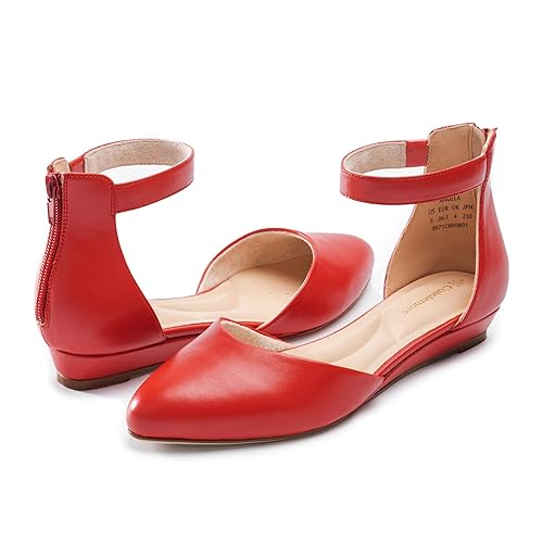 Cusolemore Comfortable Women Closed Toe Flat Dress Shoes with Low Wedge Heel Ankle Strap, Pointed Flats for Work, Casual, Party, Wedding - 7.5 - Christmas Red