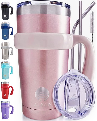 ALBOR Triple Insulated Stainless Steel Tumbler 20 oz/600ml Coffee Travel Mug with Handle - Travel Cup with Straw - Glitter Rose Gold - Black
