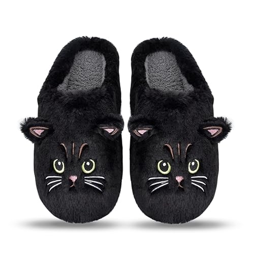 FIYIGO Cute Cat Slippers for Women,Plush animal slippers,Soft Fluffy Cozy House Slides for Indoor Outdoor-Non Slip - 6.5-7.5 Women/6-6.5 Men - Black