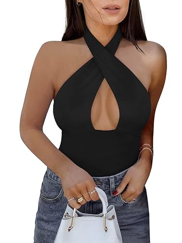 REORIA Butsmooth® Women's Trendy Sexy Criss Cross Halter Neck Sleeveless Thong Bodysuits Tops Clubwear - Large - Black