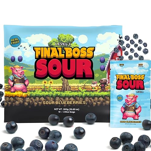 Final Boss Extremely Super Sour Candy, Natural Chewy Blueberry Gummies Made with Dried Fruit, Free of Artificial Colors, Low Calorie Healthy Snack for Kids & Adults, (1.06 Ounce Bags, Pack of 10 Bags) (LvL 1 Sourness) - Blueberry Level 1