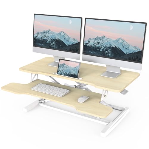 FITUEYES Height Adjustable Standing Desk 36” Wide Sit to Stand Converter Stand Up Desk Tabletop Workstation for Laptops Dual Monitor Riser Oak SD309104WO - Oak