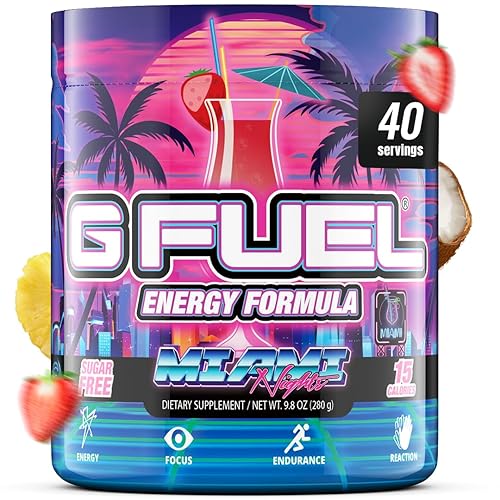 G Fuel Miami Nights Energy Drink Powder, Pre Workout Caffeine Powder, Energy Powder Drink Mix for Gaming, Sugar Free Focus Amino, Vitamin + Antioxidants, 9.9oz (Strawberry Pina Colada, 40 Servings) - Strawberry Pina Colada