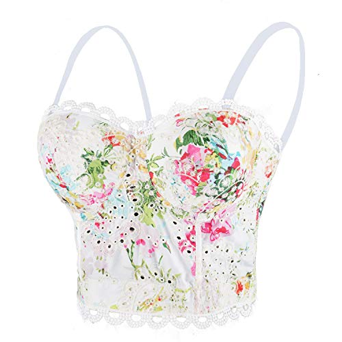 ELLACCI Women's Embroidery Floral Hollow Lace Bustier Crop Top Sexy Corset Bra Tops White - Large - White