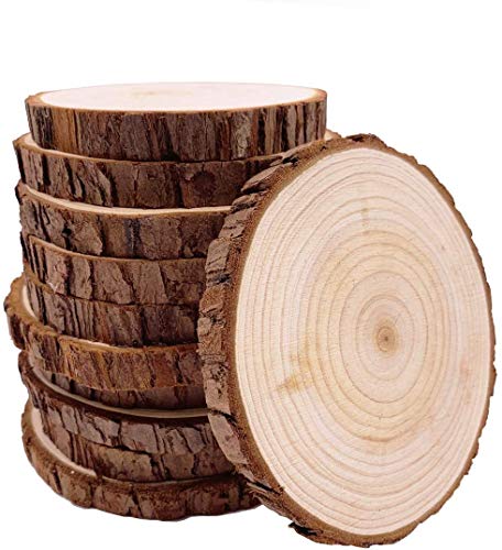Unfinished Natural with Tree Bark Wood Slices 10 Pcs 4.2-4.7 inch Disc Coasters Wood Coaster Pieces Craft Wood kit Circles Crafts Christmas Ornaments DIY Crafts with Bark for Crafts Rustic Wedding - 9Pcs 5.1-5.5inch