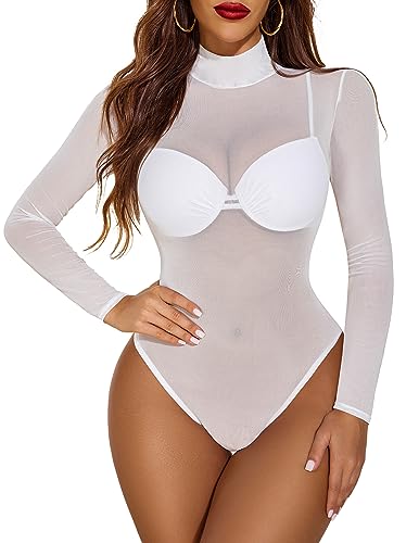 Avidlove Long Sleeve Bodysuit for Women Turtleneck Sheer Mesh Bodysuit Geo Print Leotards - Long Sleeve - Large - White