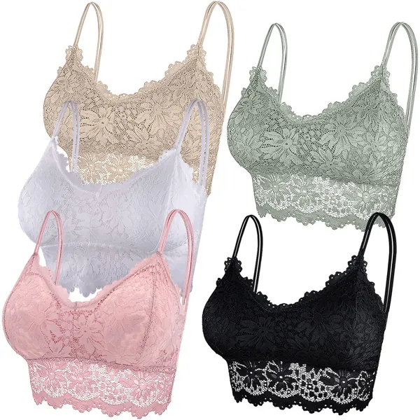 Duufin 5 Pcs Lace Bralettes for Women Bralette Padded Lace Bandeau Bra - Large-X-Large Pink, White, Black, Khaki, Olive