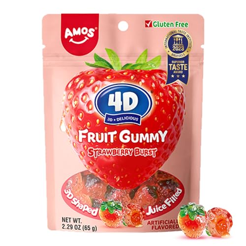 Amos 4D Fruit Gummy Strawberry Burst, Fruity Snacks Jelly Filled Gummies Candy, Soft and Chewy Cupcake Topper, 2.29oz Per Bag (12 Bags) - Strawberry - 2.29 Ounce (Pack of 12)