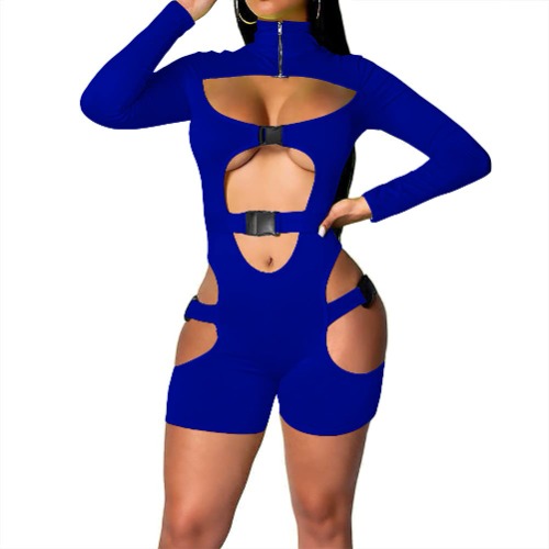 Yeshire Women's Bodycon Bag Buckle High Neck Long Sleeves Sexy Hollow Out Rompers Jumpsuits Clubwear - Medium Blue