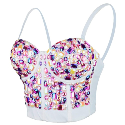 ELLACCI Women's Sexy Rhinestone Bustier Crop Top Club Party Glitter Corset Top Bra Multicolor - Medium White