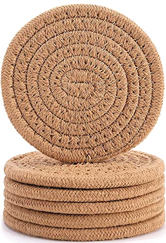 ABenkle 6 Pcs Coasters for Drinks,Super Absorbent Drink Coasters, Stylish Handmade Round Woven Coaster for Coffee Table Tabletop Protection Housewarming Gift for Home Decor - 4.3 Inches, Brown - Brown - 4.3-inch
