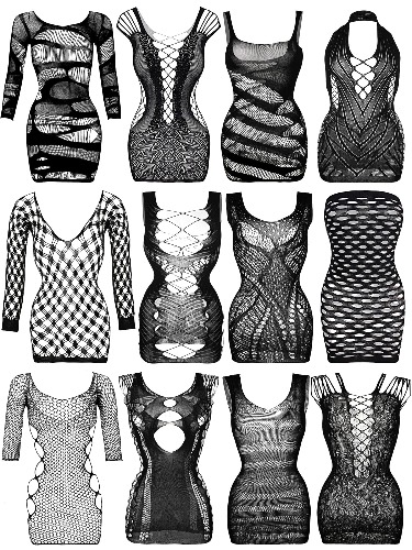 12 Pieces Women's Fishnet Lingerie Mesh Babydoll Bodysuit Lace Smock Lingerie for Women - Black