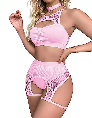Lucky2Buy Rave Outfits for Women Festival Fishnet Lingerie Set Booty Shorts 3Pcs Babydoll Cutout Nightwear with Choker - Medium - Pink