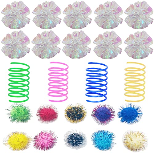 Muluo 32 Pcs Crinkle Balls Cat Toy and Cat Spring Toy, 12 Pcs Mylar Crinkle Ball, 10 Pcs Cat Spiral Spring, 10Pcs Sparkle Balls Tinsel poms, for Cats Kittens Playing Interacting