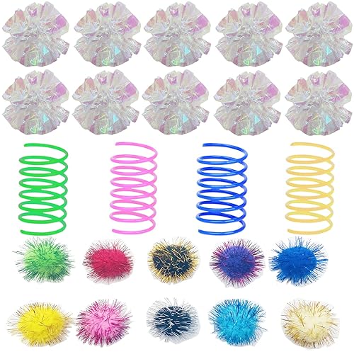 Muluo 32 Pcs Crinkle Balls Cat Toy and Cat Spring Toy, 12 Pcs Mylar Crinkle Ball, 10 Pcs Cat Spiral Spring, 10Pcs Sparkle Balls Tinsel poms, for Cats Kittens Playing Interacting