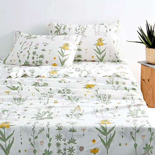 Wake In Cloud - Botanical Sheet Set, Yellow Flowers and Green Leaves Floral Garden Pattern Printed on White, Soft Microfiber Bedding (4pcs, Full Size) - Full - Yellow Green