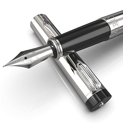 SCRIVI PENS Fountain Pen Set [Extra Fine Nib], Classic Collection; Gift Case; 2 Ink Cartridges, Ink Refill Converter, Calligraphy, Smooth Writing Pens [Silver Chrome Trim], Perfect for Men and Women - Silver Chrome - Extra Fine Nib