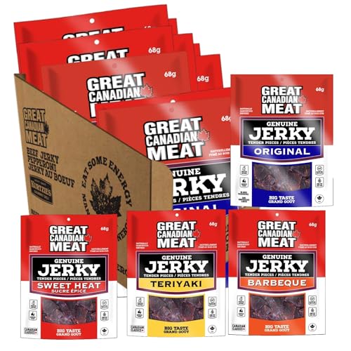 Variety Flavour Beef Jerky Bulk Box: Original, BBQ, Teriyaki, Sweet Heat Beef Jerky Bundle 10 x 68g Bags by Great Canadian Meat, Meat Snacks, Bulk Beef Jerky Box For Carnivores. Perfect For Snacking, Gluten Free, High In Protein, Low In Fat