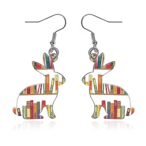 twinkle eye Animals Bookcase Earrings, Cat Dog Book Dangle Earrings for Women Book Lover, Bookshelves Earrings Acrylic Graduation Teacher's Day Appreciation Back To School Gifts For Teacher - Rabbit Shape-B