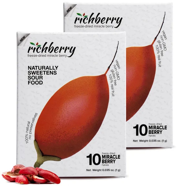 Miracle Berry by Richberry, Mothers Day Gifts, Sweetens Sour Food Naturally with Magic Berries, 100% Freeze-dried Fruits, Great for Snacks and Taste Tripping, Contains 2 Pack of 10 Berry Halves