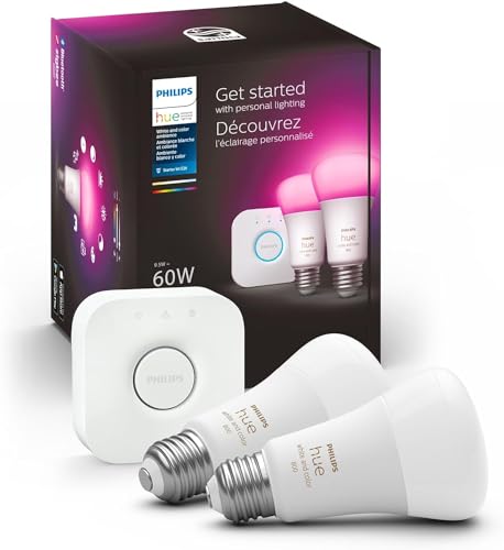 Philips Hue Smart Light Starter Kit - Includes (1) Bridge and (2) 60W A19 LED Bulb, White and Color Ambiance Color-Changing Light, 800LM, E26 - Control with App or Voice Assistant - 60 Watts - White and Color Ambiance - 2 Bulbs