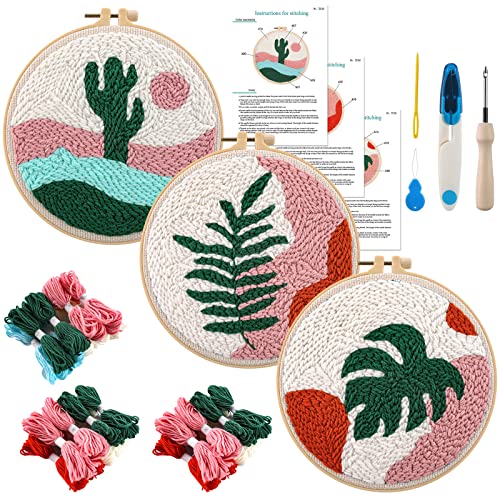 Anidaroel 3 Sets Punch Needle Kits, Punch Needle Kits for Adults Beginner, Punch Needle Tool with Punch Needle Fabric, Hoops, Yarns and Sewing Needles - Morandi Tropical Plants