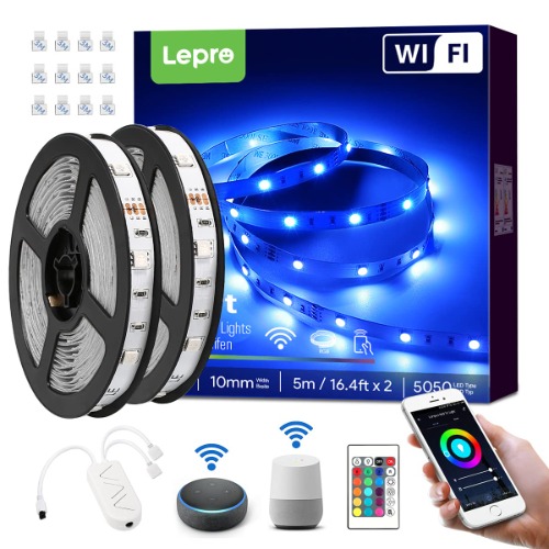 LEPRO LED-remsa Alexa 10 m (2 x 5 m), smart RGB dimbar LED-remsa Wifi, wifi LED-band, självhäftande superljus ljusband, ljusslinga, ränder med fjärrkontroll, kompatibel med Alexa, app, Google Home