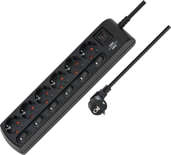 Brennenstuhl grenuttag för individuell omkoppling 6-vägs med 2-poliga strömbrytare (förlängningssladd med 1x huvudströmbrytare och 6x apparatströmbrytare, 2m kabel, ökat kontaktskydd) svart - svart