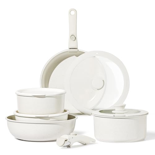 CAROTE 11pcs Pots and Pans Set, Nonstick Cookware Sets Detachable Handle, Induction RV Kitchen Set Removable Handle, Oven Safe, Cream White - 11 pcs Granite Set - Cream White