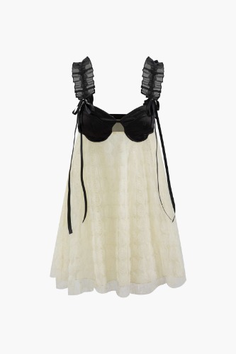 Frill Strap Floral Lace Backless Mini Dress | BEIGE / XS