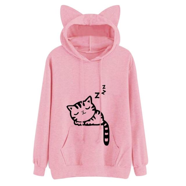 Sleepy Cat Hoodie - Pink / L
