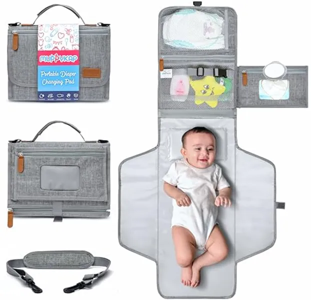 Portable Changing Pad with Shoulder Strap - Detachable Travel Changing Pad - Baby Shower Gifts - Fully Padded & Lightweight - Baby Boy Gifts - Diaper Changing Pad - Changing Mat 27"x22" - Grey