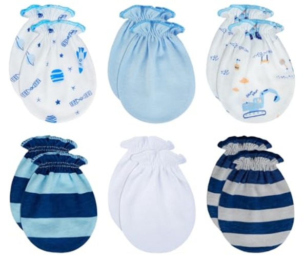 RATIVE No Scratch Mittens and Caps 100% Cotton for Newborn Baby 0-6 Months Boys Girls - 6 Pairs/Mb-67 - Mittens
