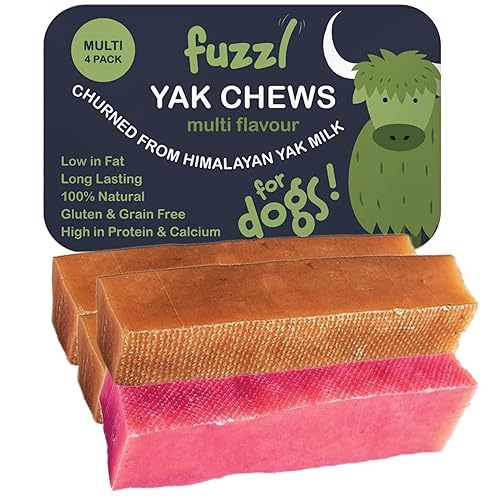 Fuzzl 4 Flavours Premium Yak Chews for Dogs 4x70g Original, Superfood Turmeric, Strawberry, Coconut Natural Dog Treats with Himalayan Yak Milk Yak Chew Dog Food Natural Dog Chews Long Lasting - 4x Multi Flavour Med