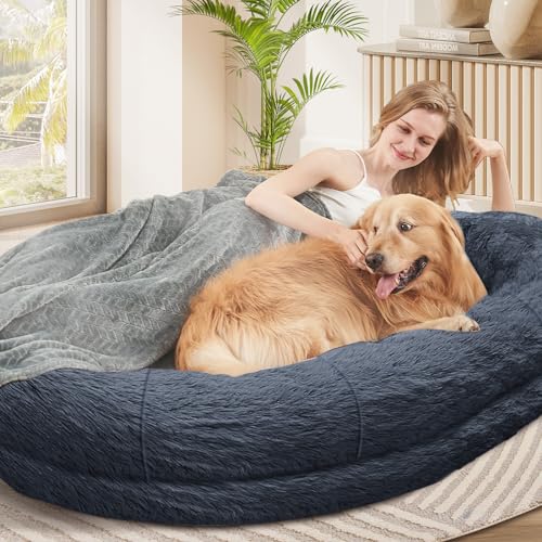 ILPEOD Human Dog Bed for Adult, Dog Bed for Humans (72"x48"x10"), Human Size Dog Bed with Washable Faux Fur, Removable Memory Foam Giant Bean Bag Bed with Soft Blanket (Lead Gray, Large) - Large - Lead Gray