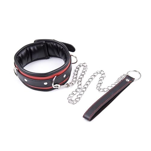 Leather Collar and Leash Set, Thick Leather Collar Choker with Chain, Leather Necklace Collar and Leash for Men Women - Black & Red