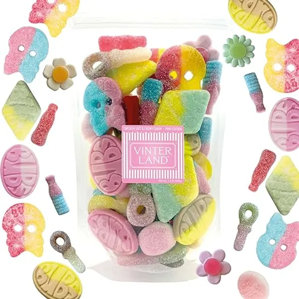 VINTERLAND - Bubs Swedish Candy Mix (1.2 Pounds) - Assorted Swedish Candy Bubs Godis - Big Bubs Rombs, Big Bubs Ovals & Big Swedish Candy Skulls - Raspberry Shots, Strawberry Dreams, and more - Pink-2 Edition